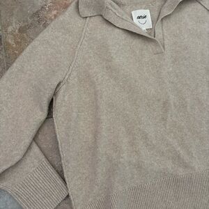 Aerie Sweater Women L Beige Pullover Collared Polo Oversized Classic Cozy Knit